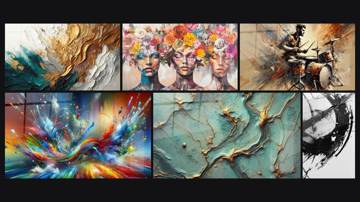 Mosaic of six paintings, including Trace Artwork in Gold and Jade, Big Bang Artistic Dazzling and Golden Rivers