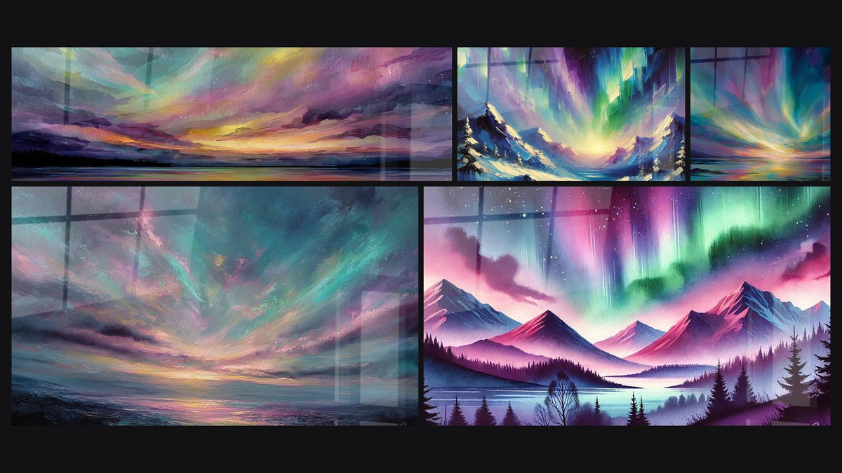 Mosaïque de cinq tableaux, dont Paysage lac, Aurore Boréale Nocturne et Les Couleurs du Ciel