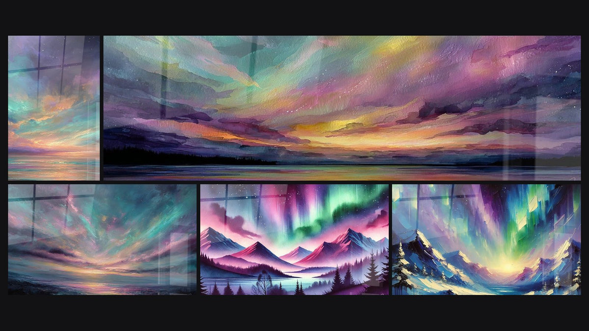 Mosaico di cinque quadri, tra cui Al tramonto oceanico, Paesaggio lago e Aurora Boreale Notturna