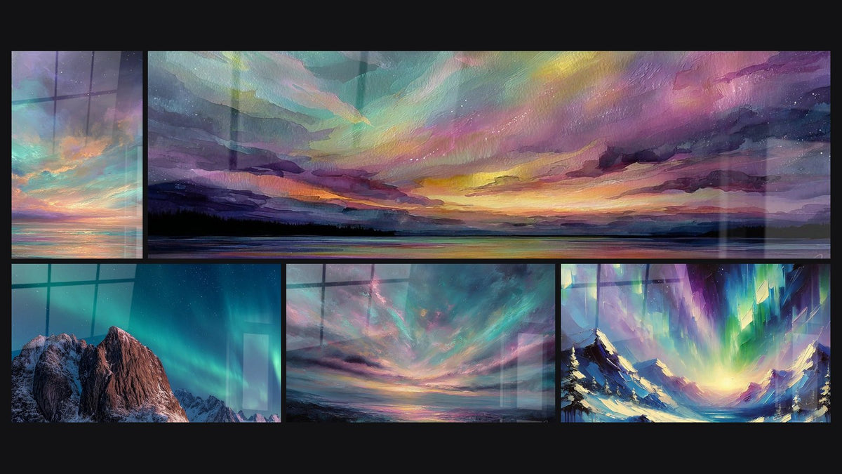 Mosaico di cinque quadri, tra cui Al tramonto oceanico, Montagne Aurora Boreale e Paesaggio lago