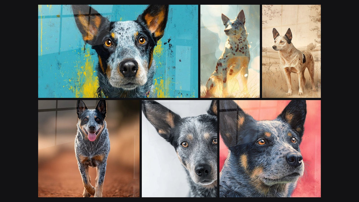 Mosaïque de six tableaux, dont Chien Berger Bleu Moucheté aux Yeux Ambrés et Chien Bleu Merle au Regard Ambré