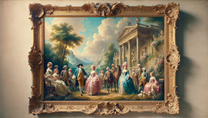 Tableau authentique du XVIIIe siècle style rococo dans cadre doré sculpté, scène pastorale aristocratique