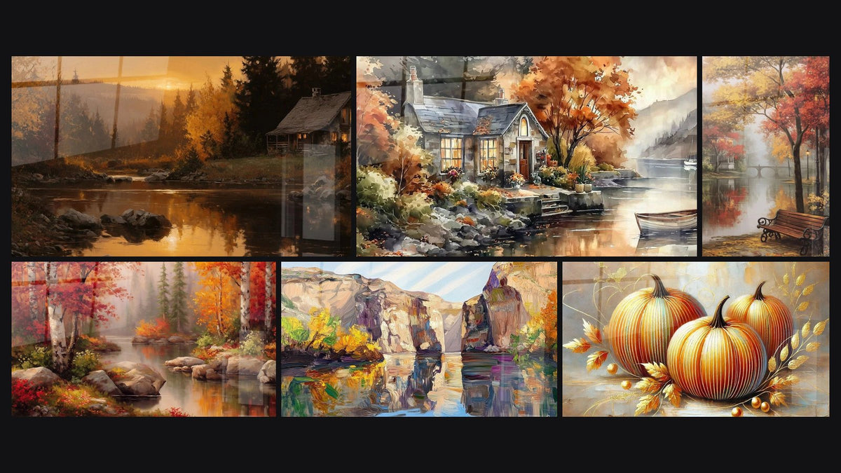 Mosaïque de six tableaux, dont Chalet refuge chaleureux, Maison Havre Paisible et Paysage Banc Solitaire