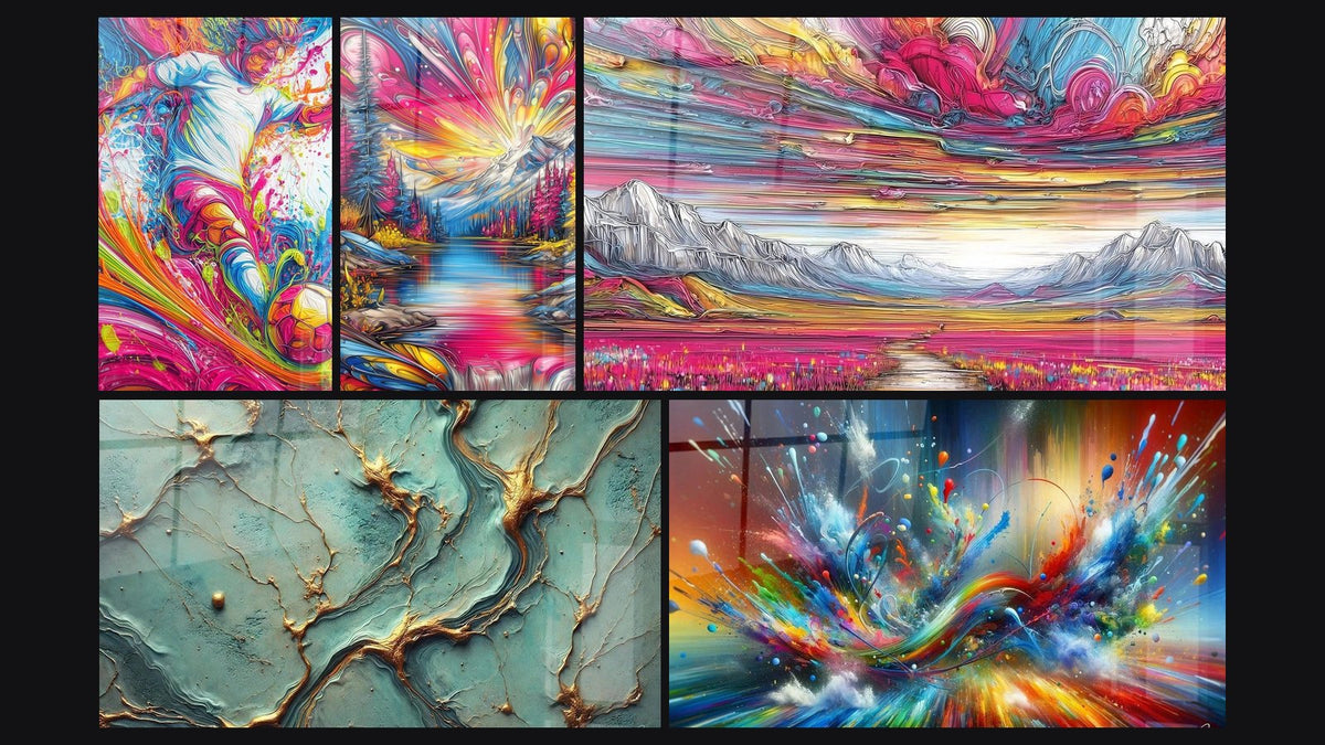 Mosaic of five paintings, including Abstract colorful explosion, Fantastic landscape and Golden Rivers