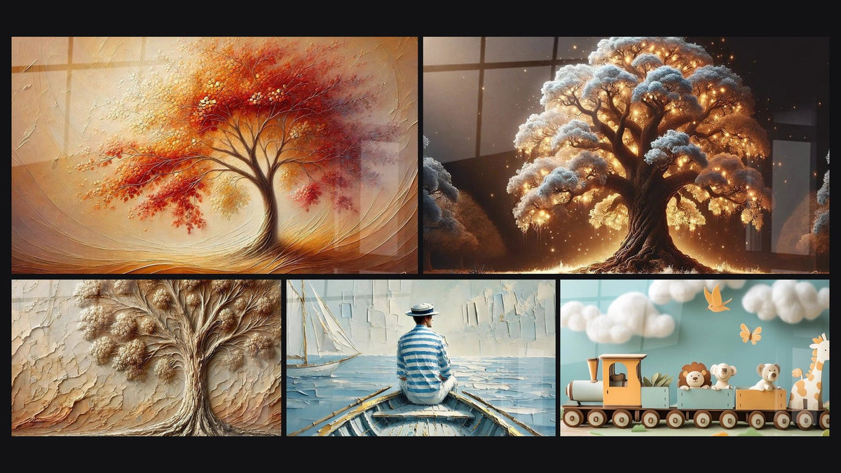 Mosaic of five paintings, including Tree of Life Zen Dance of Seasons, Night Tree and Ancient Tree