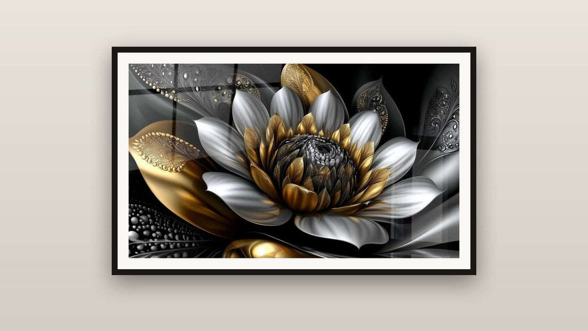 Tableau encadré sur un mur : Fleur de lotus métallique