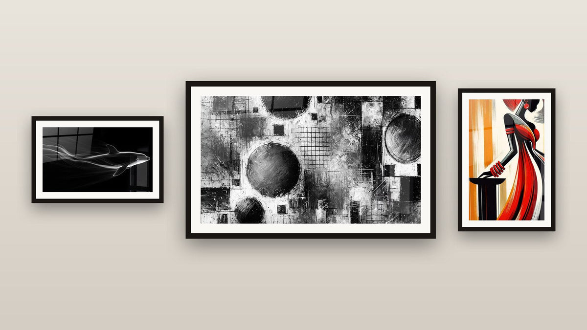 Gallery wall with three framed paintings: Nocturnal Wave, The Woman in Red and Black and Mechanical Chaos