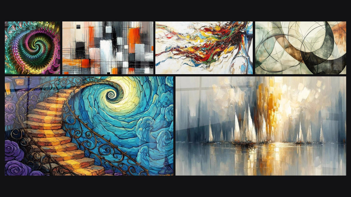 Mosaic of six paintings, including Multicolored fractal spiral, Cosmic Spiral Staircase and Mechanics of Colors