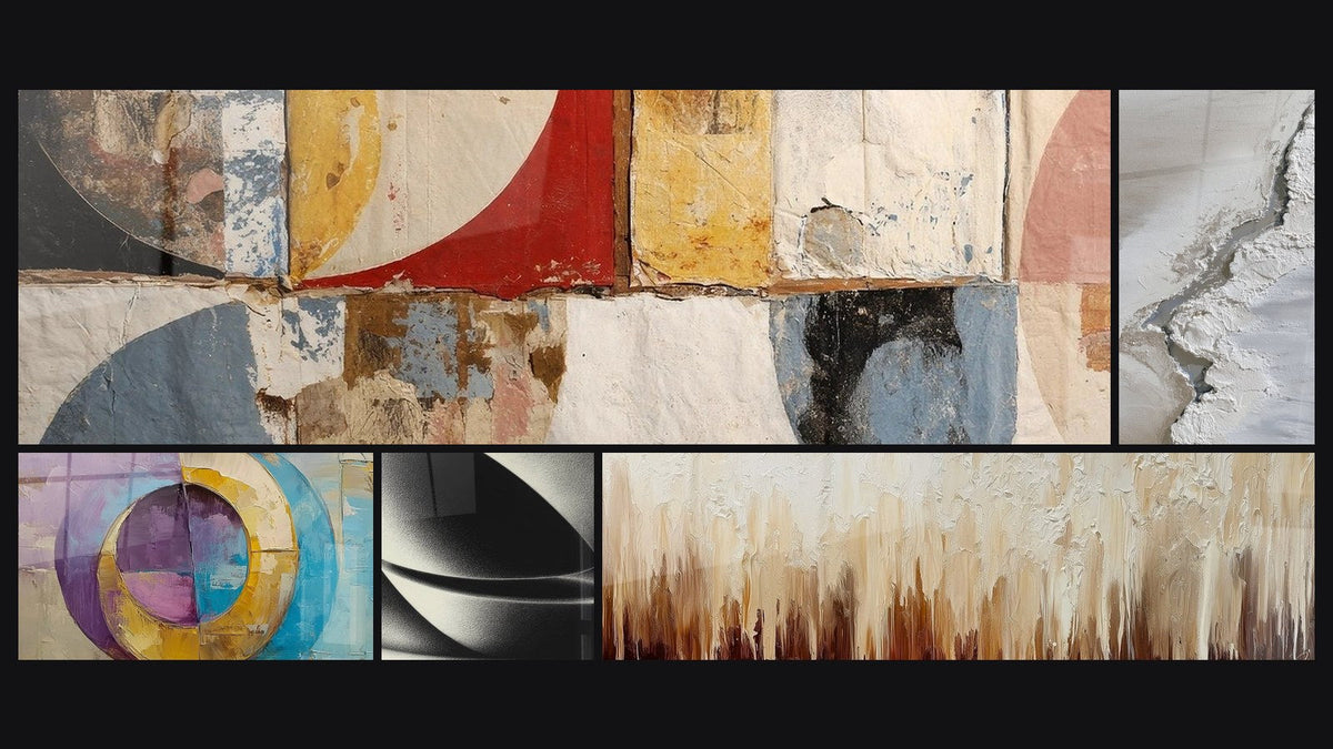 Mosaico di cinque quadri, tra cui Forme geometriche astratte di, Con cerchi concentrici colorati e Sfera astratta di