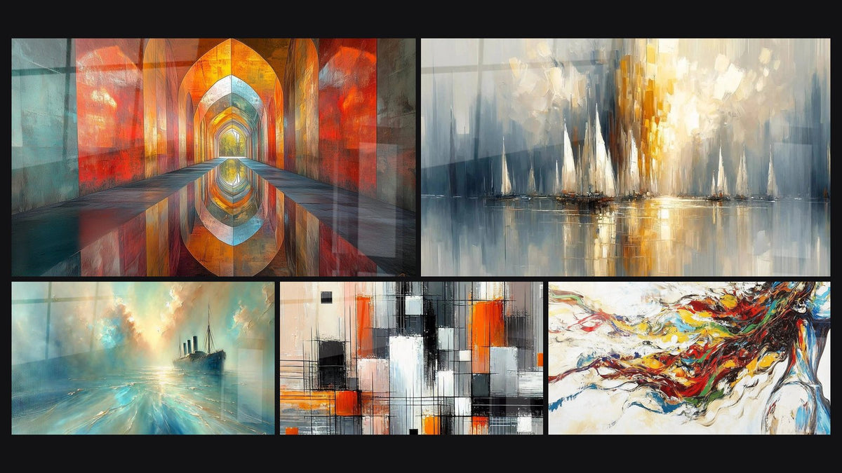 Mosaic of five paintings, including Arched Iridescent Vermillion, Heart of the Breeze and Mechanics of Colors
