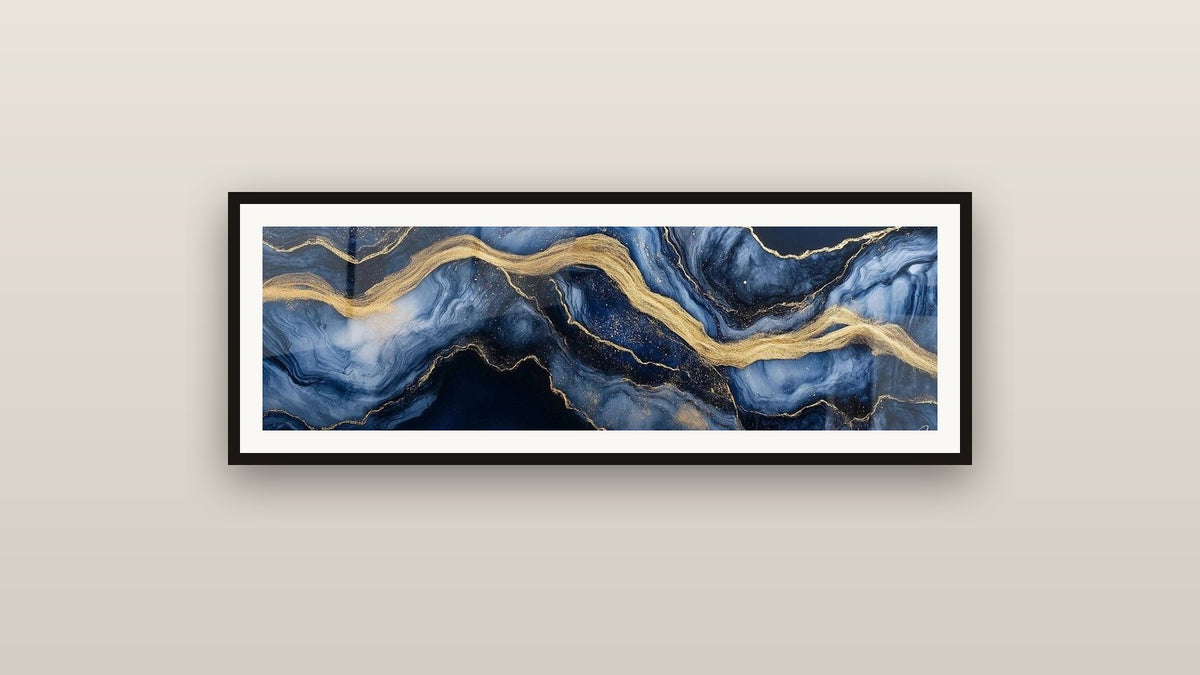 Framed painting on a wall: Liquid Marble Eternity Blue