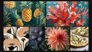 Mozaïek van zes schilderijen, waaronder Ananas nr. 2, Abstracte Bloemen en Koraalrood