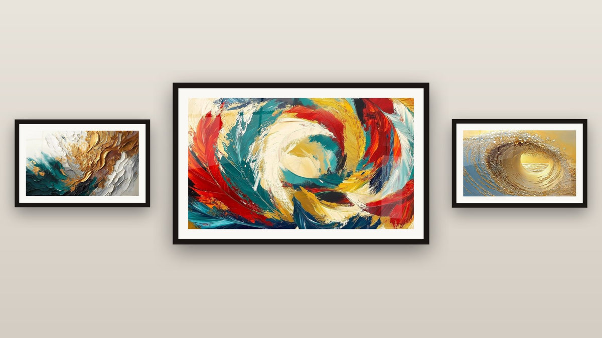 Gallery wall with three framed paintings: Golden wave tunnel, Cosmic Metamorphosis and Trace Artwork in Gold and Jade