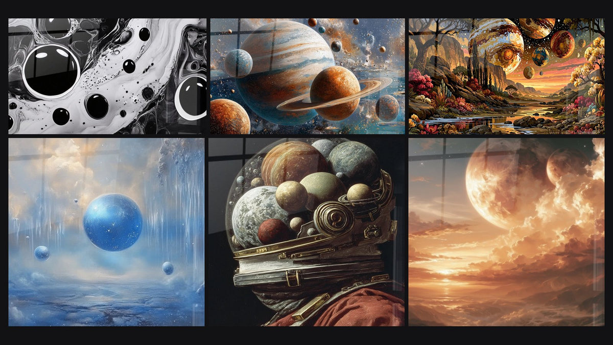 Mosaico de seis cuadros, entre ellos Planetas en Movimiento, Planetas sistema solar y Planetas azules