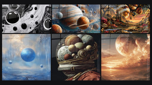 Mosaic of six paintings, including Moving Planets, Planets Solar System and Blue planets