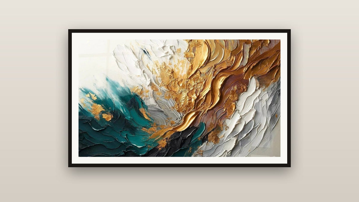 Framed painting on a wall: Trace Artwork in Gold and Jade
