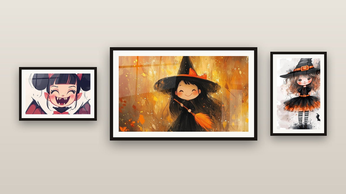Galerijwand met drie ingelijste schilderijen, waaronder Vampierposter nr. 1 en Heksenbord nr. 1