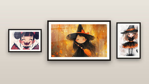 Galerijwand met drie ingelijste schilderijen, waaronder Vampierposter nr. 1 en Heksenbord nr. 1