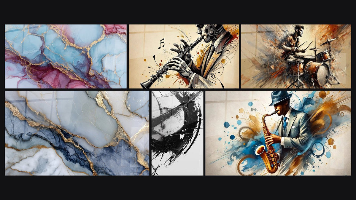 Mosaïque de six tableaux, dont Veines dorées bleu rose, Veines dorées sur fond bleu gris et La Brisure du Temps
