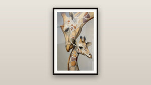 Ingelijst schilderij aan een muur: Giraffes Tedere Moederliefde