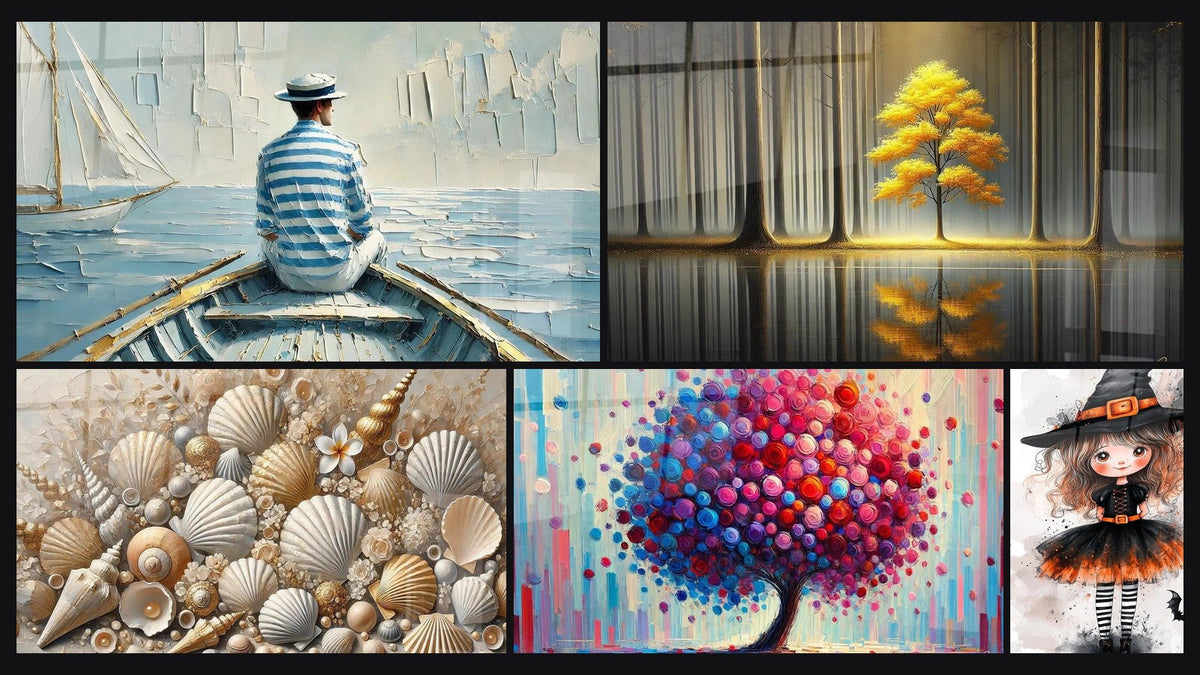 Mosaico di cinque quadri, tra cui L'Arte dell'Acqua, Gioielli della Sabbia e Tranquillità Eterna
