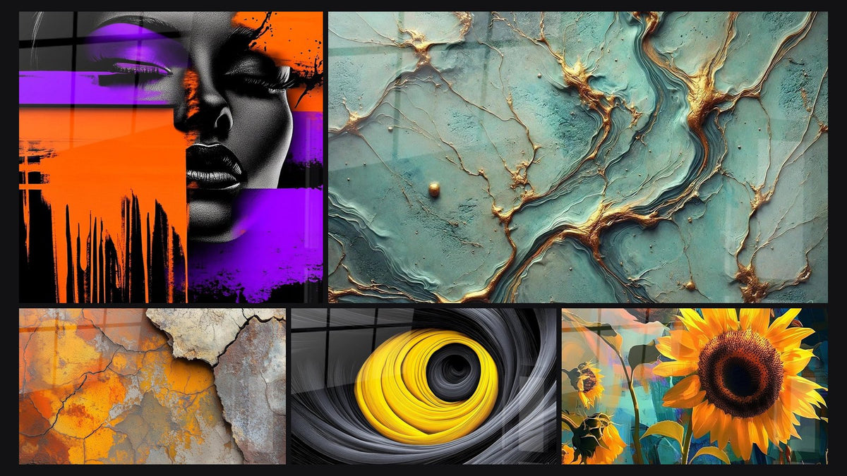 Mosaic of five paintings, including Colorful Modern Woman, Beneath the Surface and Hypnotic Golden Spiral