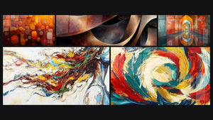 Mosaic of five paintings, including Translucent geometric shapes, Modern Muse and Sinuosities Meditation Ochre