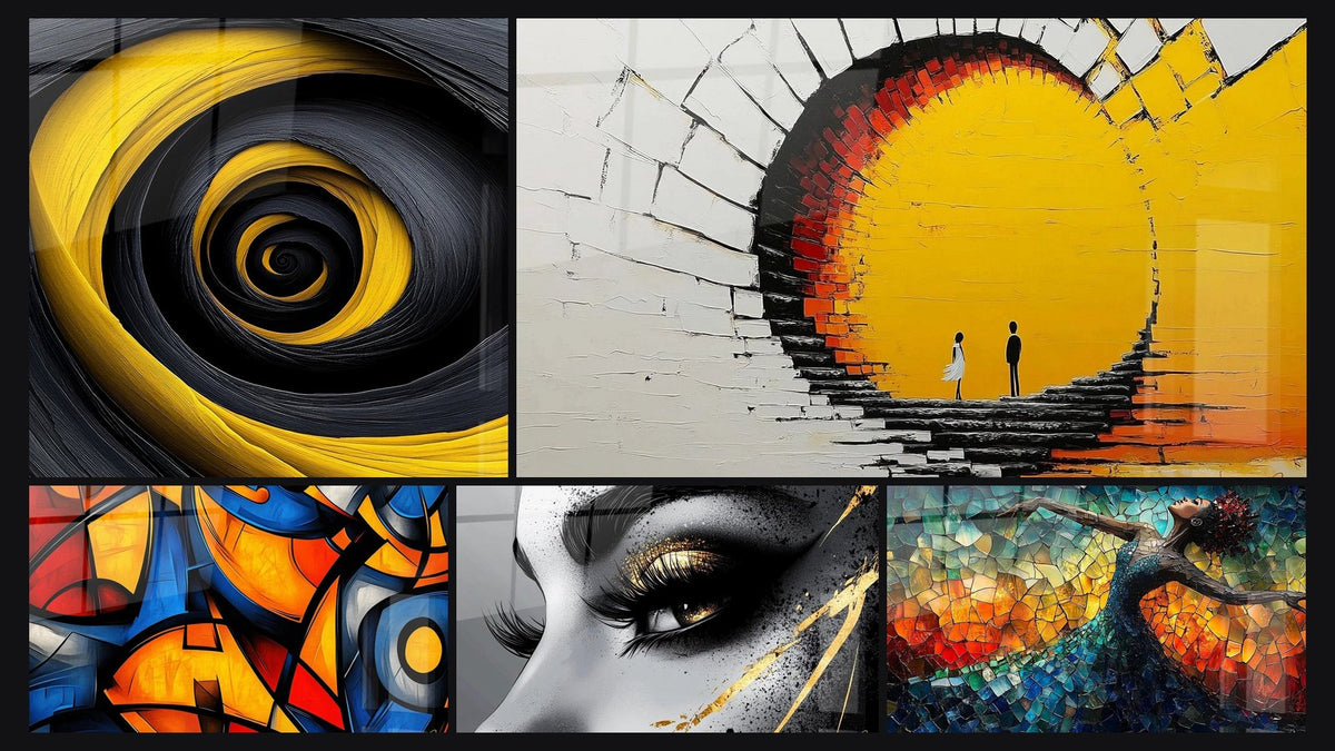 Mosaico de cinco cuadros, entre ellos Espiral dorado y negro, Túnel luminosa pareja y Formas geométricas coloridas