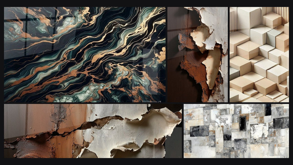Mosaic of five paintings, including Aurifer Flow, Abstract Mosaic Wall Art Grey and Beige and Minimalism Sculpted