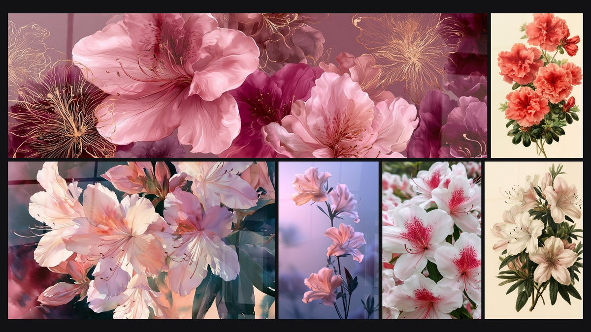 Mosaïque de six tableaux, dont Azalées roses aux pétales veloutés et Azalées roses aux reflets mauves
