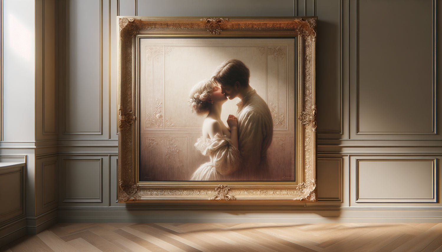 Tableau encadré représentant un baiser romantique de style impressionniste accroché sur un mur intérieur élégant et raffiné