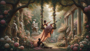 Tableau Rococo français 18ème siècle représentant jeune femme aristocrate sur balançoire dans jardin luxuriant, style Fragonard, atmosphère romantique insouciante