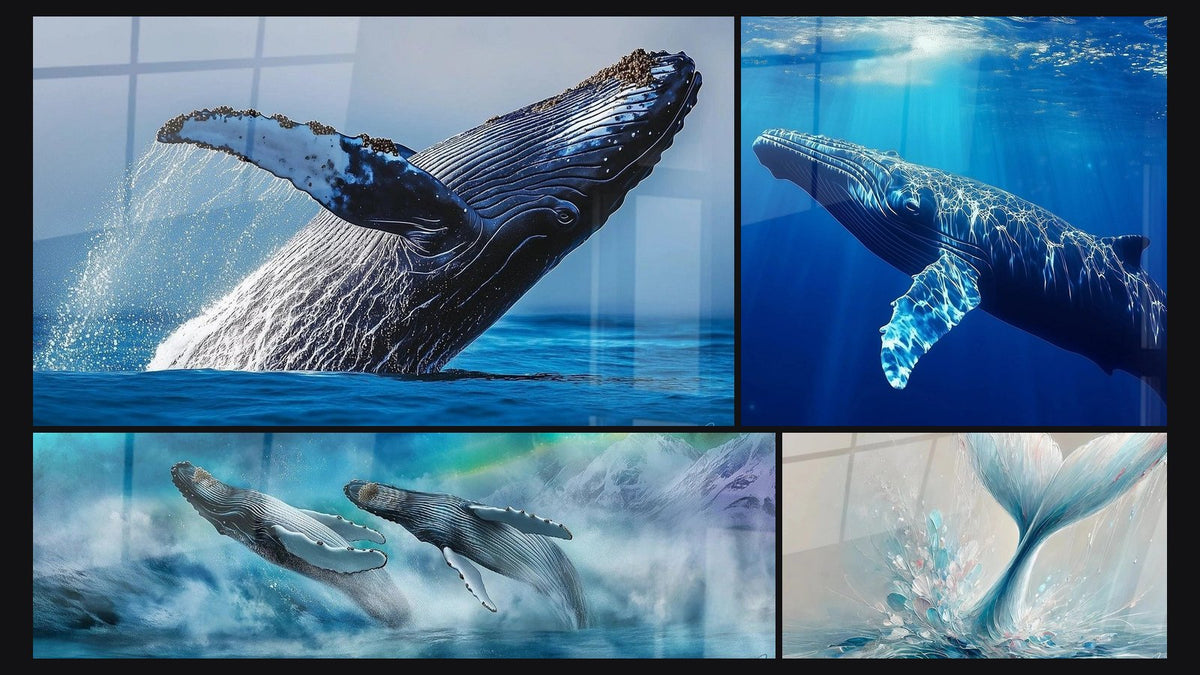 Mosaïque de quatre tableaux, dont Baleine Géante des mers, Baleine Chant des marées et Baleine Esprit des eaux