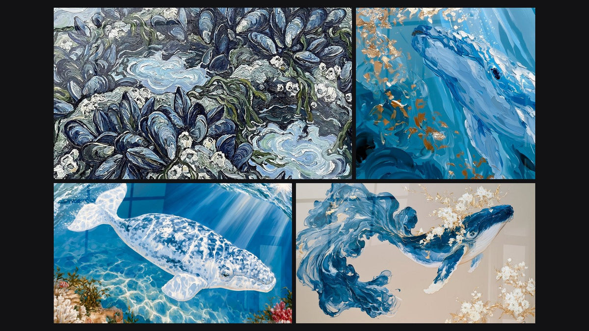 Mosaico di quattro quadri, tra cui Balena bianca e blu, barriera corallina e Balena blu navy e dorata fiorita