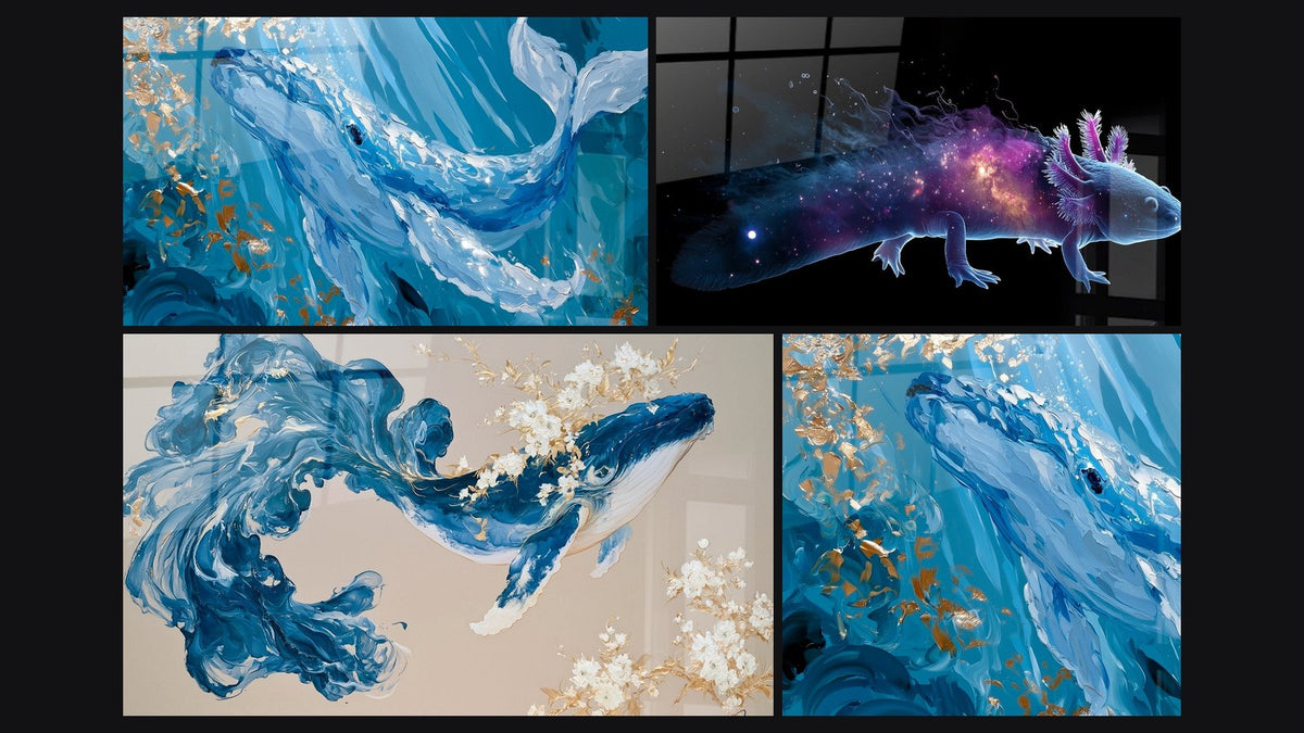 Mosaïque de quatre tableaux, dont Baleine bleu marine et doré fleurie