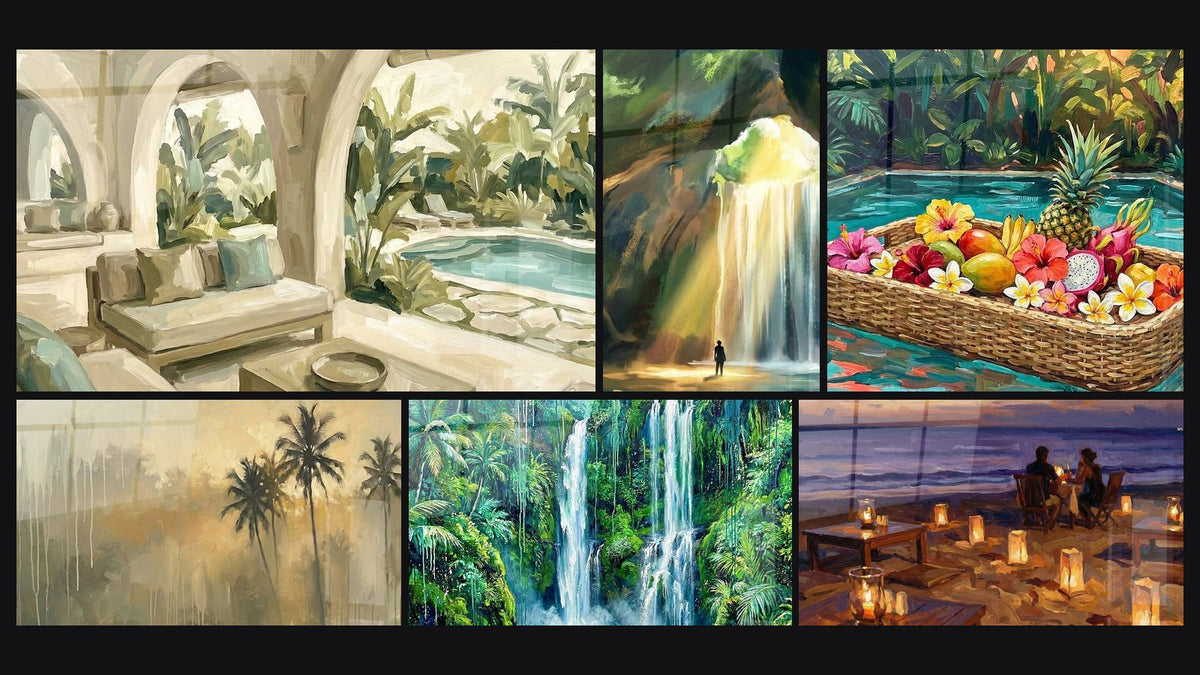 Mosaïque de six tableaux, dont Palmiers Dorés sous Pluie Tropicale