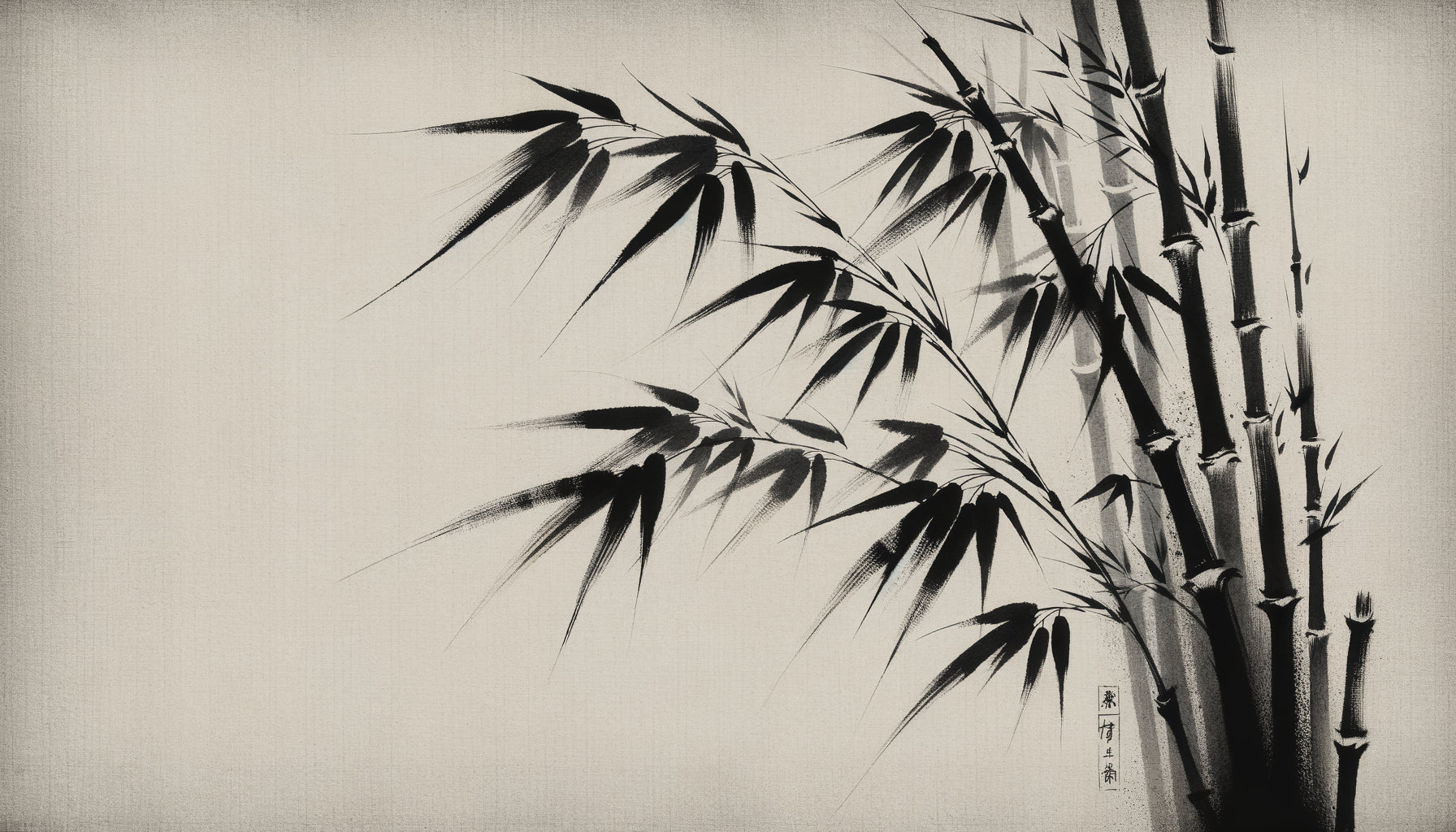 Peinture traditionnelle japonaise sumi-e de bambous à l'encre de Chine sur papier de riz, style zen minimaliste authentique