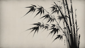 Peinture traditionnelle japonaise sumi-e de bambous à l'encre de Chine sur papier de riz, style zen minimaliste authentique