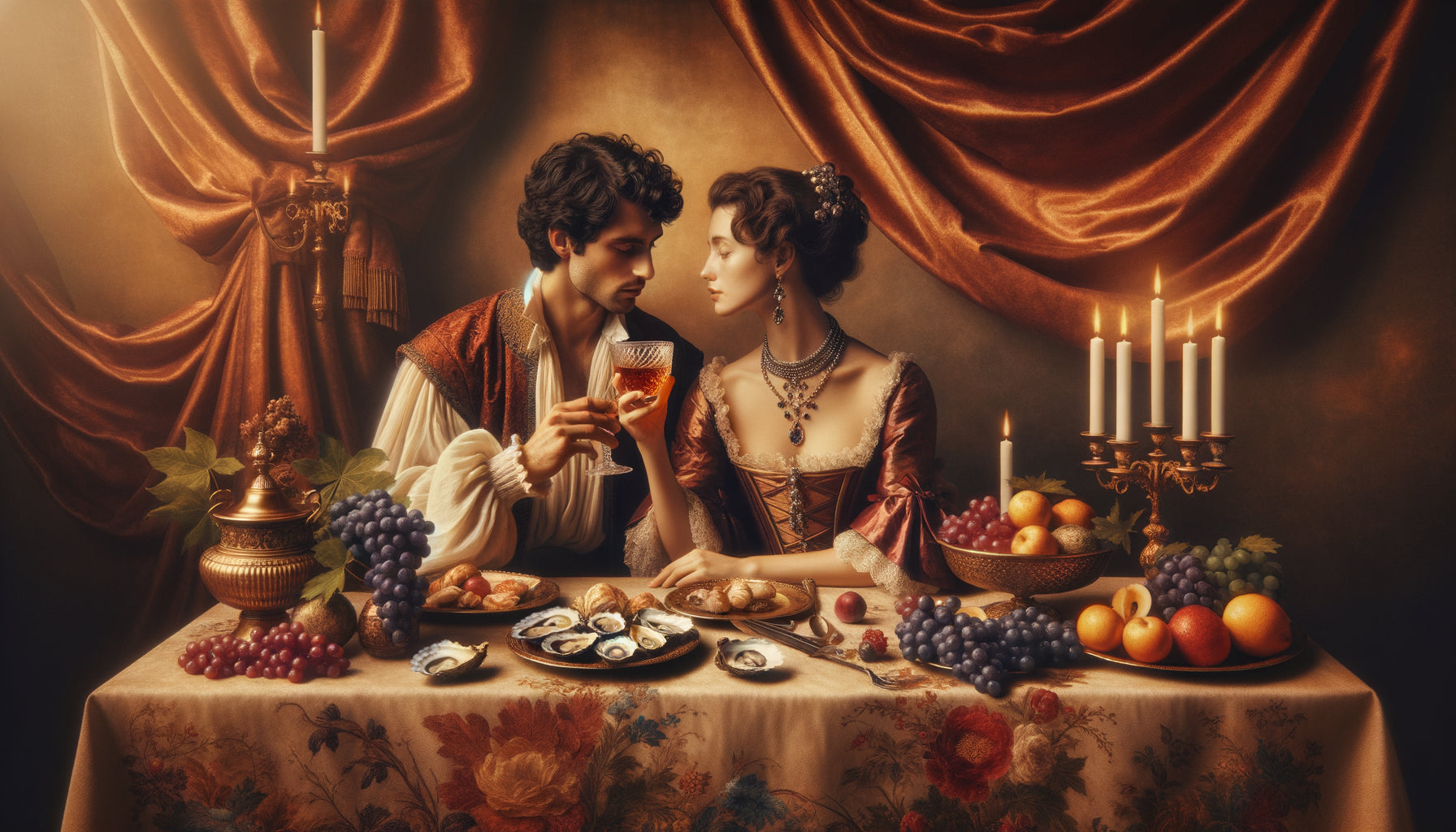 Tableau de banquet amoureux style rococo 18ème siècle, couple partageant festin sensuel aux chandelles, symbolisme érotique