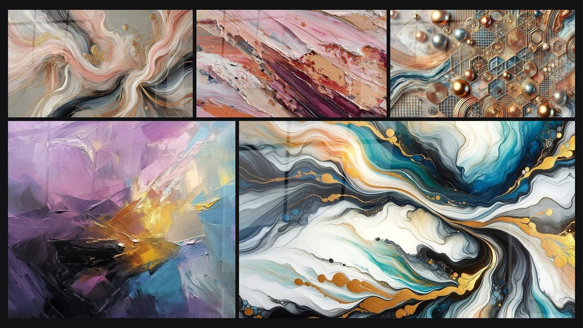 Mosaïque de cinq tableaux, dont Flots de Soie, Explosion colorée abstraite et Courants Colorés