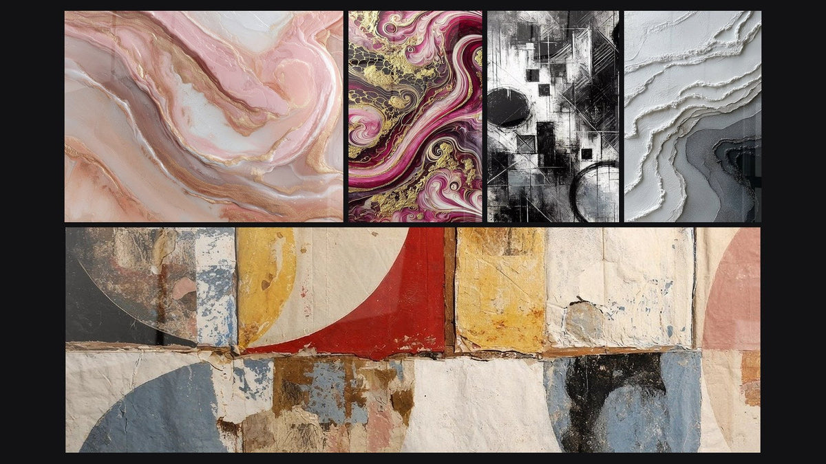 Mosaïque de cinq tableaux, dont Formes géométriques abstraites, Flammes Pourpres et Fragments d’Absolu
