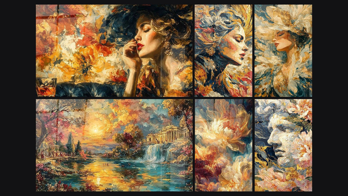 Mosaïque de six tableaux, dont Femme Lèvres Écarlates, Paysage Temple Éternel et Femme Beauté Intemporelle