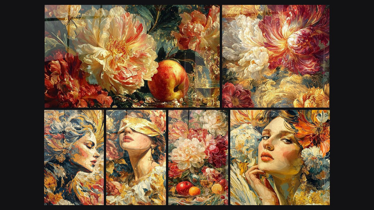 Mosaïque de six tableaux, dont Nature morte Abondance Rayonnante, Femme Beauté Intemporelle et Femme Yeux Clos