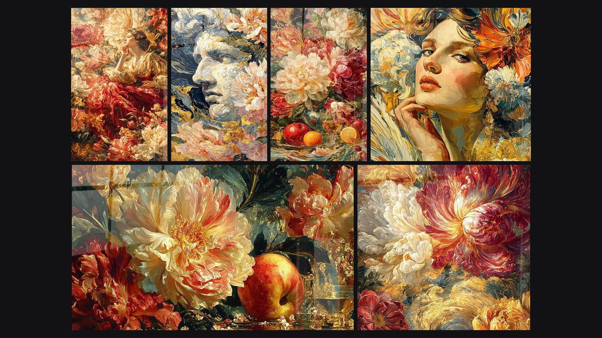 Mosaïque de six tableaux, dont Femme Extase Florale, Statue Âme Florale et Nature morte Abondance Rayonnante