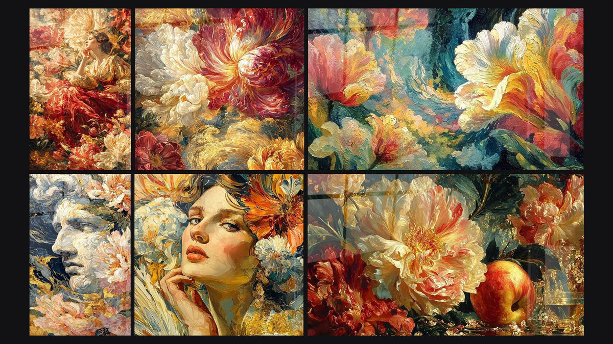 Mosaico de seis cuadros, entre ellos Mujer Éxtasis Floral, Estatua Alma Floral y Flores Pasión Ardiente
