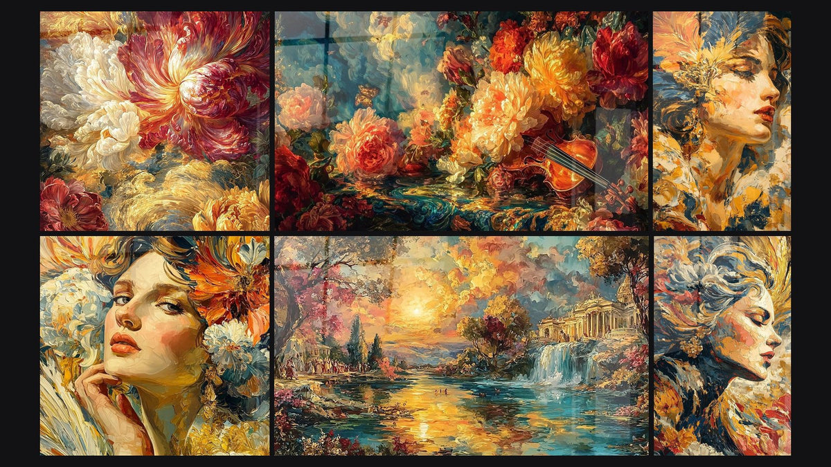 Mozaïek van zes schilderijen, waaronder Passievolle Bloemen, Vrouw Contemplatieve Blik en Karmozijnrode Sonates Bloemen