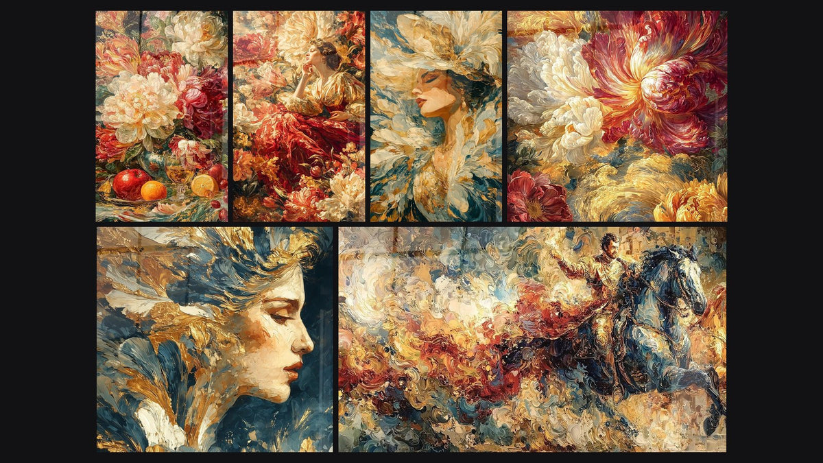 Mosaïque de six tableaux, dont Nature Morte Feu et Nacre, Femme Extase Florale et Femme élégante Prestige Féminin