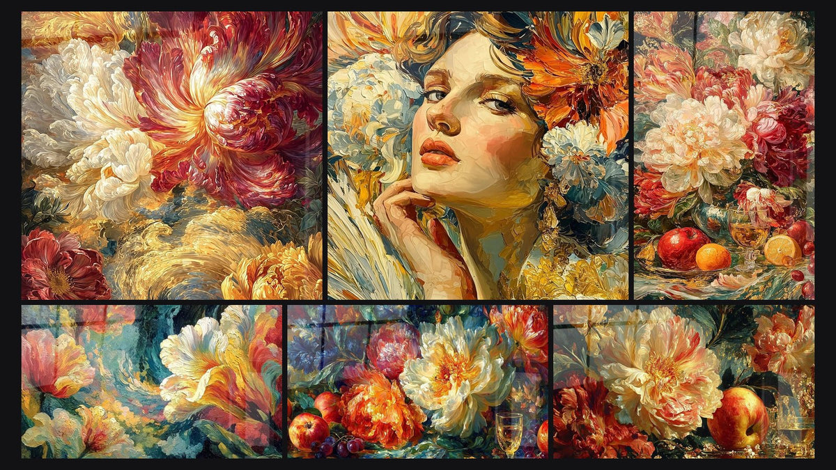 Mosaic of six paintings, including Passionate Flowers, Flowers Dance Petals and Woman Contemplative Gaze