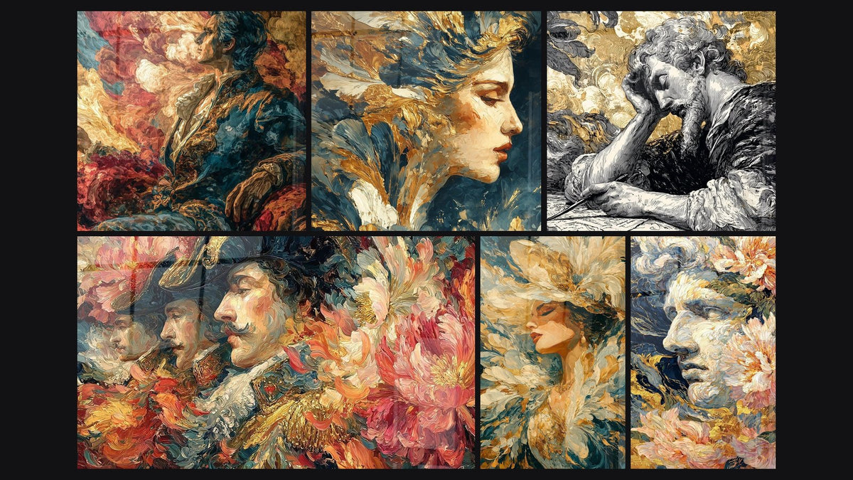 Mosaïque de six tableaux, dont Homme Tourment Créateur, Portrait Féminin Mélancolie Dorée et Nobles Rêverie Somptueuse
