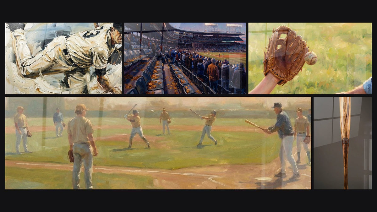 Mosaïque de cinq tableaux, dont Joueur de Baseball Vintage, Stade Baseball Automne et Entraînement Baseball